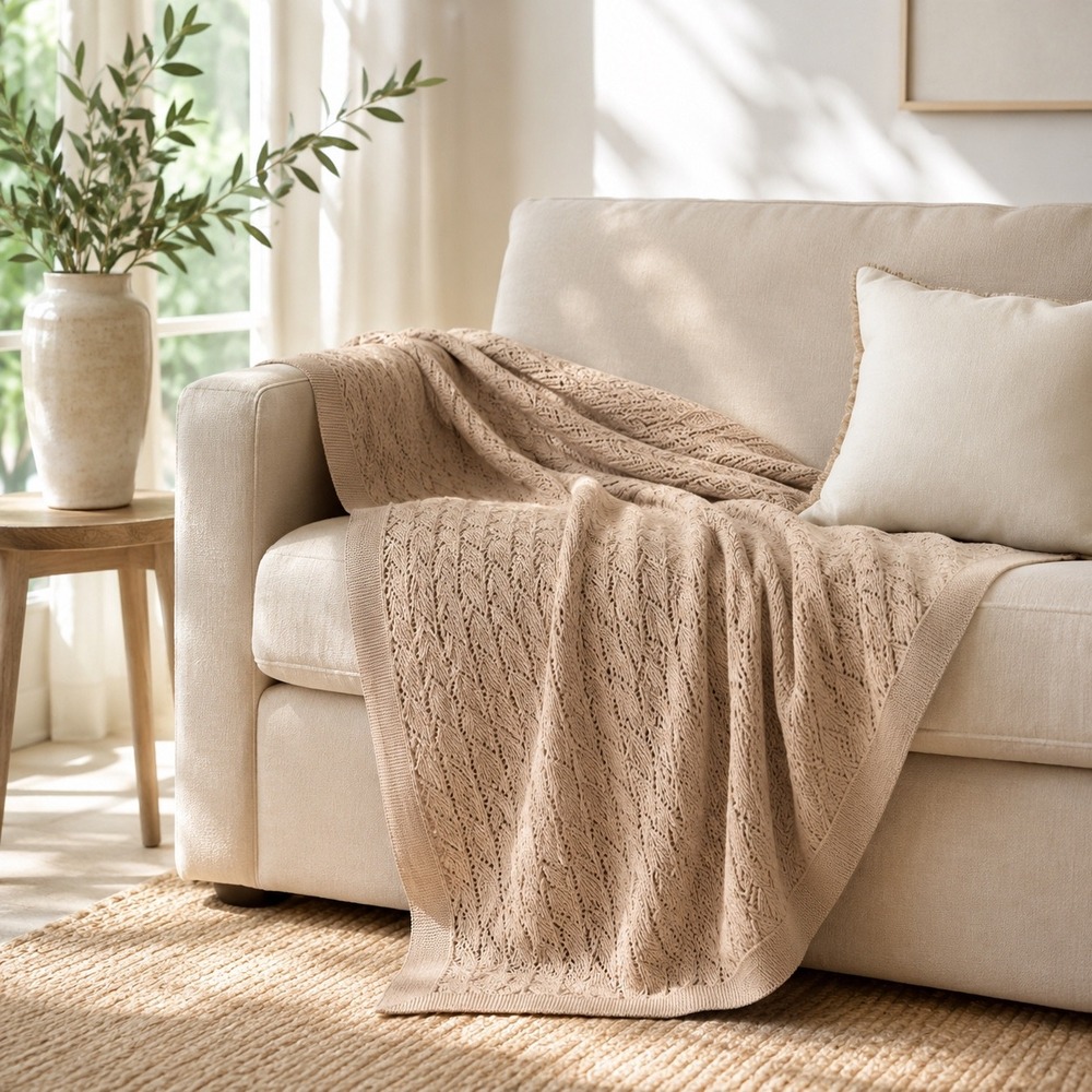 Jeremiah Brent Home Sand Pointelle Knit Scallop Cotton Throw Blanket 50x60 NEW